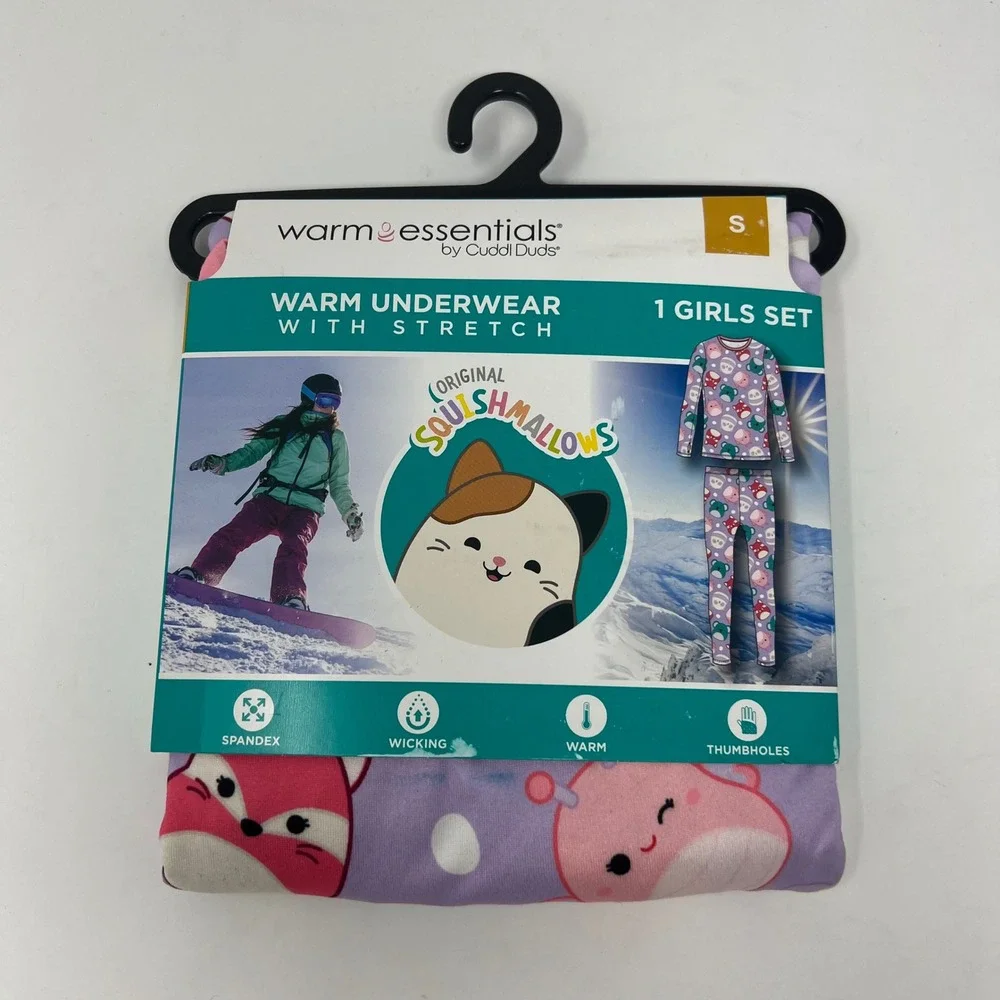 Warm Essentials Cuddl Duds Squishmallows Thermal Set Girls S 6/7 Lavender Print